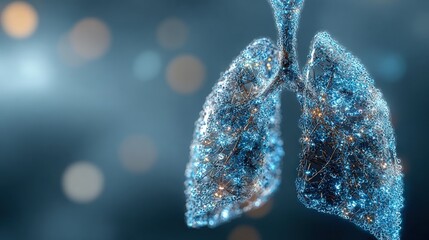 A digital illustration of lungs made of intricate blue and silver lines, representing the complexities of human respiratory function.