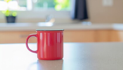 Vibrant red enamel mug on modern kitchen countertop