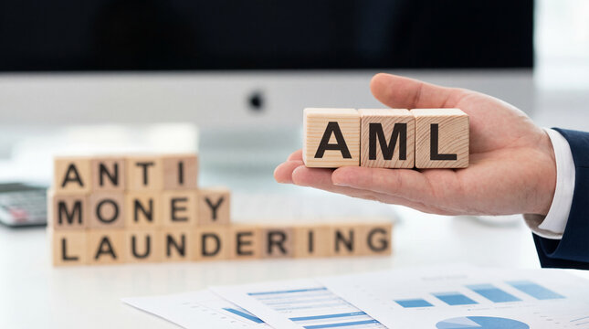 AML anti money laundering concept with wooden letter blocks held in hand conveying compliance and finance, Corporate Compliance and Regulation, Annual Reports, Training Material
