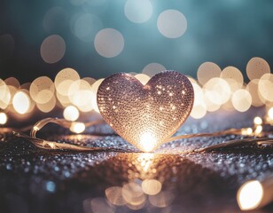 Glowing heart surrounded by warm festive lights