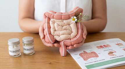 Female hands holding plush intestine model with chamomile flower. Probiotics and prebiotics jars with digestion chart. Gut health, healthy bowel care, colon wellness and stomach concept