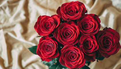 Vibrant bouquet of fresh red roses on elegant cream fabric