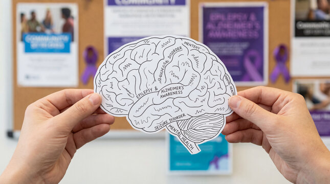 Hands holding paper brain with Epilepsy and Alzheimer's Awareness text. Seizure disorder, mental health, memory loss support and neurology medical campaign concept on purple ribbon background