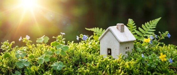 Sunlit miniature house nestled in lush green garden with ferns and morning dew, nature environment close-up view for eco-friendly living concept