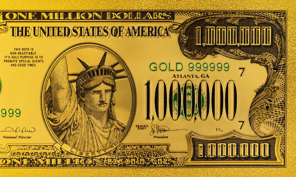 Gold banknote 1000000 US dollars for design purposes. Million dollars of money of the United States of America.(Multiple values)