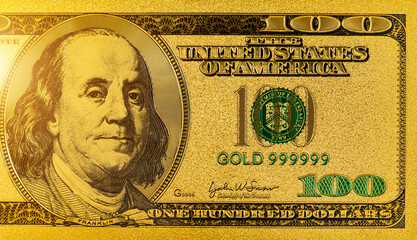 Gold 100 dollar bill for design purposes. Money of the United States of America.