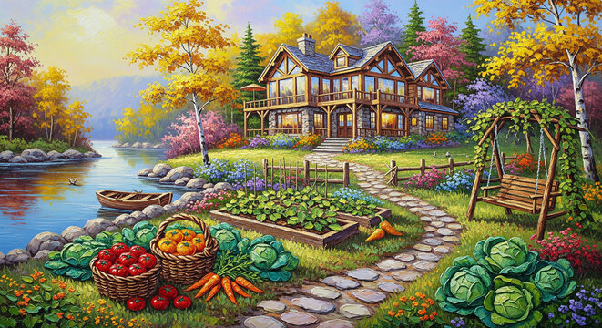 Rustic Autumn Cabin with Vegetable Harvest 3D Oil Painting relief wallpaper for mural wall art, canvas print, wall decor painting design