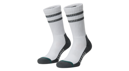 Pair of white socks with grey trim for athletic or everyday wear isolated PNG with Transparent Background 
