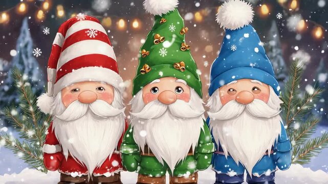 Three Christmas Gnomes in Winter Scene.
