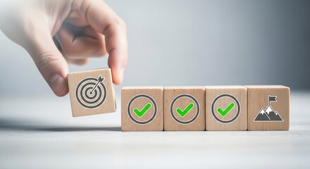 Hand aligning target and approval blocks for business performance