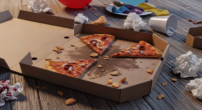Three slices of pepperoni pizza left in a cardboard delivery box surrounded by crumpled napkins and party trash on a wooden floor