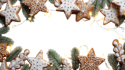 Festive star shaped gingerbread cookies and pine branches with warm fairy lights, holiday frame