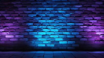 A vibrant brick wall illuminated in shades of blue and purple, creating a modern, artistic backdrop.