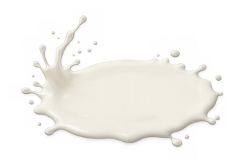 White milk liquid splashing, forming a dynamic fluid shape with rising drops and splatters on a transparent background