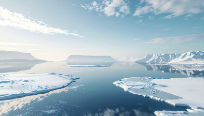 A serene panoramic view of the arctic region featuring floating ice sheets, still blue water reflecting the sky, and snowy plateau mountains in the distance.