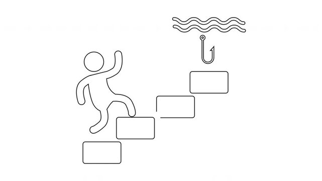 A figure climbs steps to a hook under waves depicted in a black line drawing