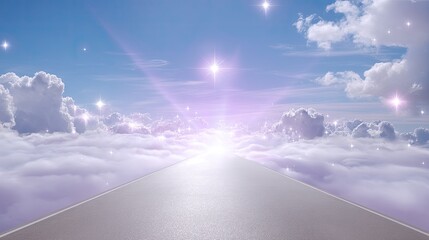 Ethereal Roadway Journey Through Dreamy Clouds and Shimmering Light Under Vast Blue Sky with Soft Fluffy Cloudscape