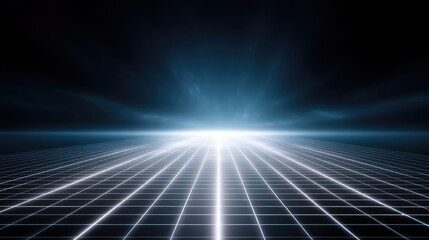 Futuristic digital landscape with glowing grid and radiant light source creating a sense of depth and infinite possibilities in a surreal environment