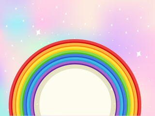 Obraz premium Bright colorful kids rainbow banner with clouds grass landscape background stars flying playful cheerful vector illustration children fantasy dreamy design