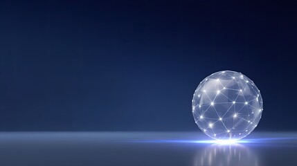 Abstract spherical structure with glowing lines and nodes against a dark blue background, symbolizing technology and connectivity in digital space
