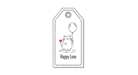 Charming gift tag design features a cute cartoon cat holding a heart balloon with "Happy Love" text and a dashed border on a white background.