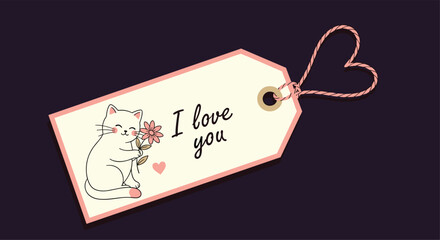 Adorable cat holding a flower on a charming pink-edged gift tag with "I love you" text and a heart string on a dark background.