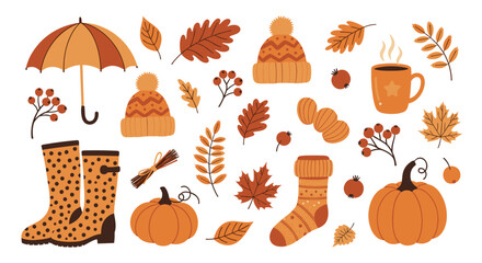 Delightful collection of cozy autumn elements includes an umbrella rain boots pumpkins hats mugs and vibrant fall leaves on a white background.