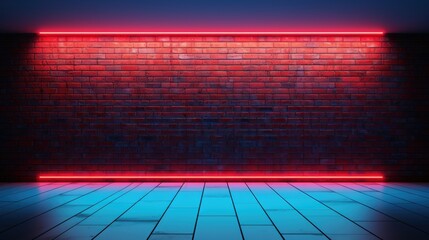 A vibrant neon-lit brick wall with a reflective floor, creating a modern and edgy atmosphere.