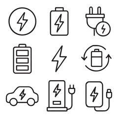 Containing charge, battery, energy, electricity, charger, recharge, electric car, charging station. Charging outline icon set vector