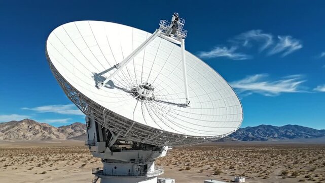 Large white radio telescope dish in desert landscape with mountains