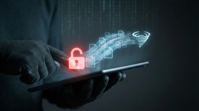 Hacker hand holding tablet with digital red lock and file data icons over green binary code. Concept involves cyber crime ransomware attack, encryption security breach and system malware risk.