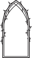 A minimalist black and white vector outline of a classic pointed gothic archway, entwined with a winding, asymmetrical vine of sharp thorns for a stark and dramatic architectural border. © Muhammad