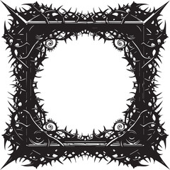 Obraz premium A black and white vector frame featuring a dark, heavy border with jagged, aggressive spikes and sharp thorn-like protrusions, creating a bold gothic or dark fantasy aesthetic.
