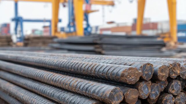 288Perspective close-up of stacked rebar, long steel rods with ribbed surfaces forming repeating geometric patterns, emphasizing industrial order and mass production.