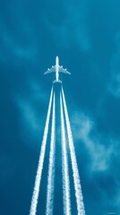 Airplane fly in sky with two white contrails behind,streaks of smoke,copy space,banner.