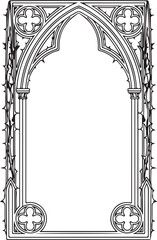 An elegant black and white vector frame featuring a tall gothic arch with ornate quatrefoil tracery at the corners, subtly lined with delicate thorny vines for a refined mystical look. © Muhammad