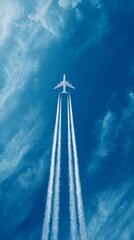 Airplane fly in sky with two white contrails behind,streaks of smoke,copy space,banner.