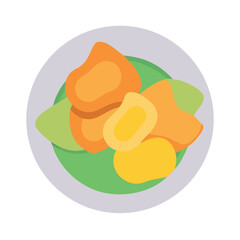 Illustration of golden fried snacks with green garnish on plate