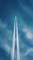 Airplane fly in sky with two white contrails behind,streaks of smoke,copy space,banner.
