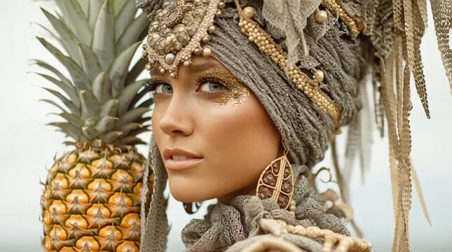 Woman with elaborate headwear and a pineapple profile portrait
