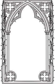 An elegant black and white vector frame featuring a tall gothic arch with ornate quatrefoil tracery at the corners, subtly lined with delicate thorny vines for a refined mystical look.