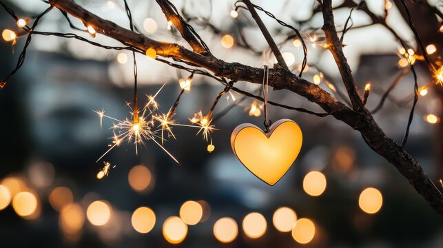 Golden Heart Ornament Hanging on Tree Branch with Twinkling Lights