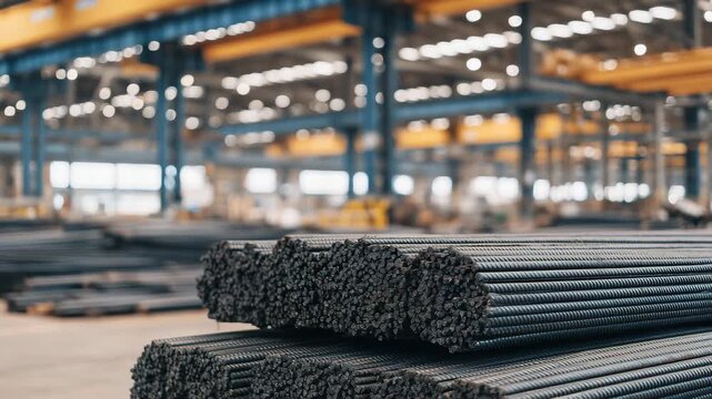 292High-resolution close-up of steel bars, ribbed surfaces highlighted by overhead factory lighting, stacked in orderly rows, emphasizing strength, weight, and industrial efficiency.