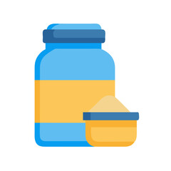 Blue protein powder jar with golden measuring cup icon