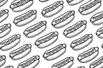 A repeating pattern of simple, hand-drawn hot dogs with mustard squiggles, rendered in a sketch style, perfect for food-themed designs