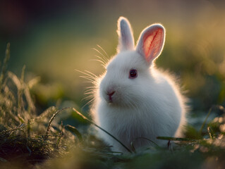 Beautiful Portrait of a White Rabbit in Soft Sunlight, Fluffy Fur and Detailed Whiskers, Domestic Pet or Wild Bunny in a Green Meadow, Spring Easter Concept, and Calm Nature Wildlife Photography