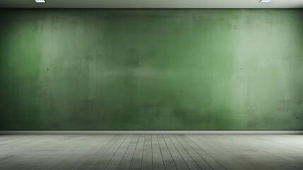 A minimalist interior space featuring a textured green wall and wooden flooring, illuminated by overhead lights.