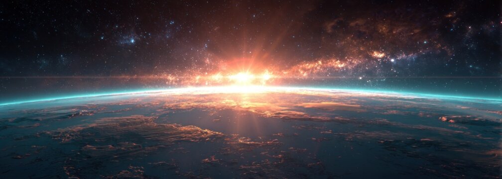 Cosmic sunrise over a planet illustration of outer space and celestial phenomena