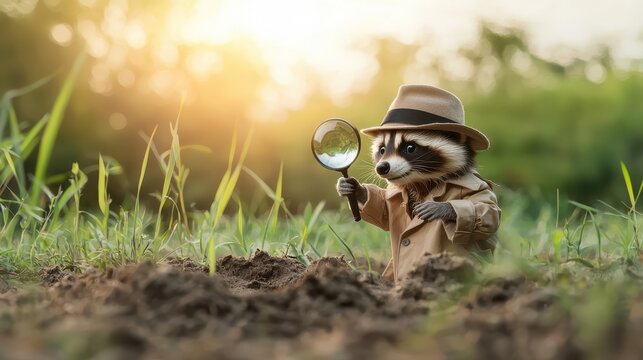 Cute raccoon detective with magnifying glass in a natural setting