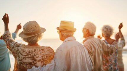 Elderly people hold sparklers in hands on beach,celebrate together with friends family on vacation